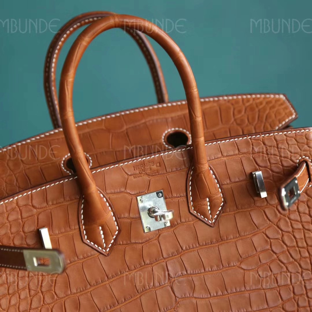 Hermes Birkin25cm 经典干邑原色 马鞍色 雾面方块鳄鱼 银扣 稀有程度堪比喜马拉雅