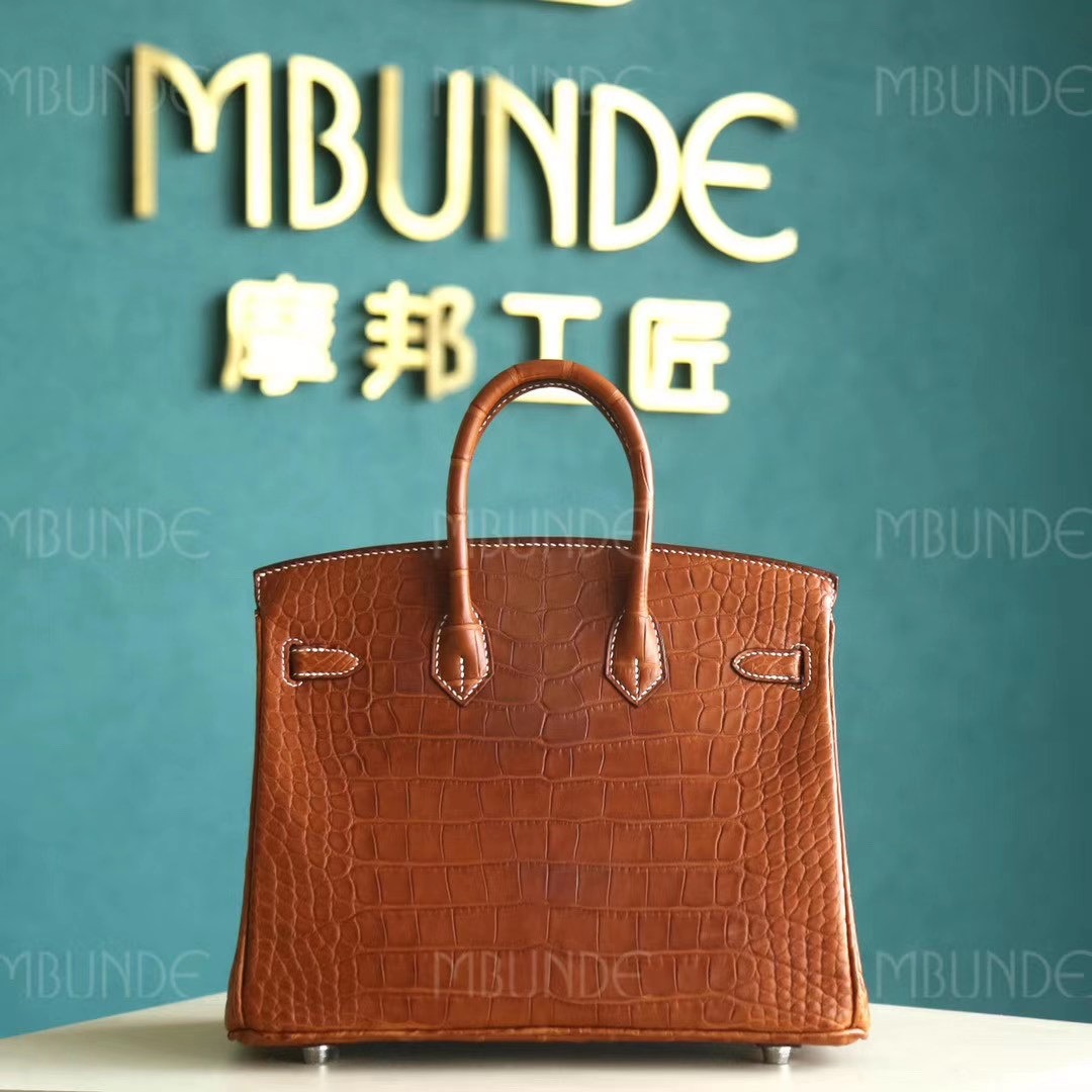 Hermes Birkin25cm 经典干邑原色 马鞍色 雾面方块鳄鱼 银扣 稀有程度堪比喜马拉雅