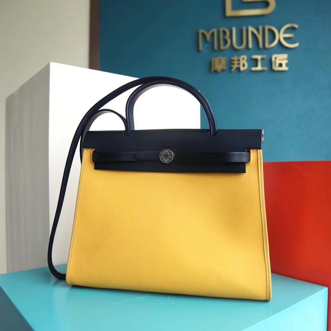 Hermes Herbag 31CM 帆布包 黑色拼琥珀黄