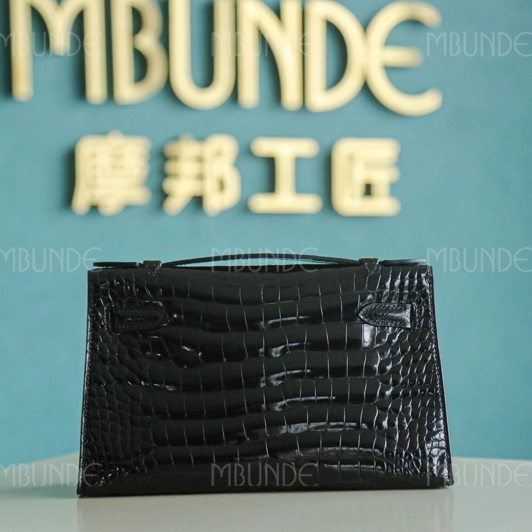 Hermes Kelly  Pochette 一代 22cm 黑色 金扣 拱珠鳄鱼皮