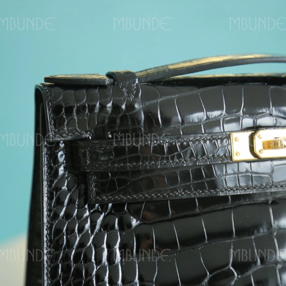Hermes Kelly  Pochette 一代 22cm 黑色 金扣 拱珠鳄鱼皮