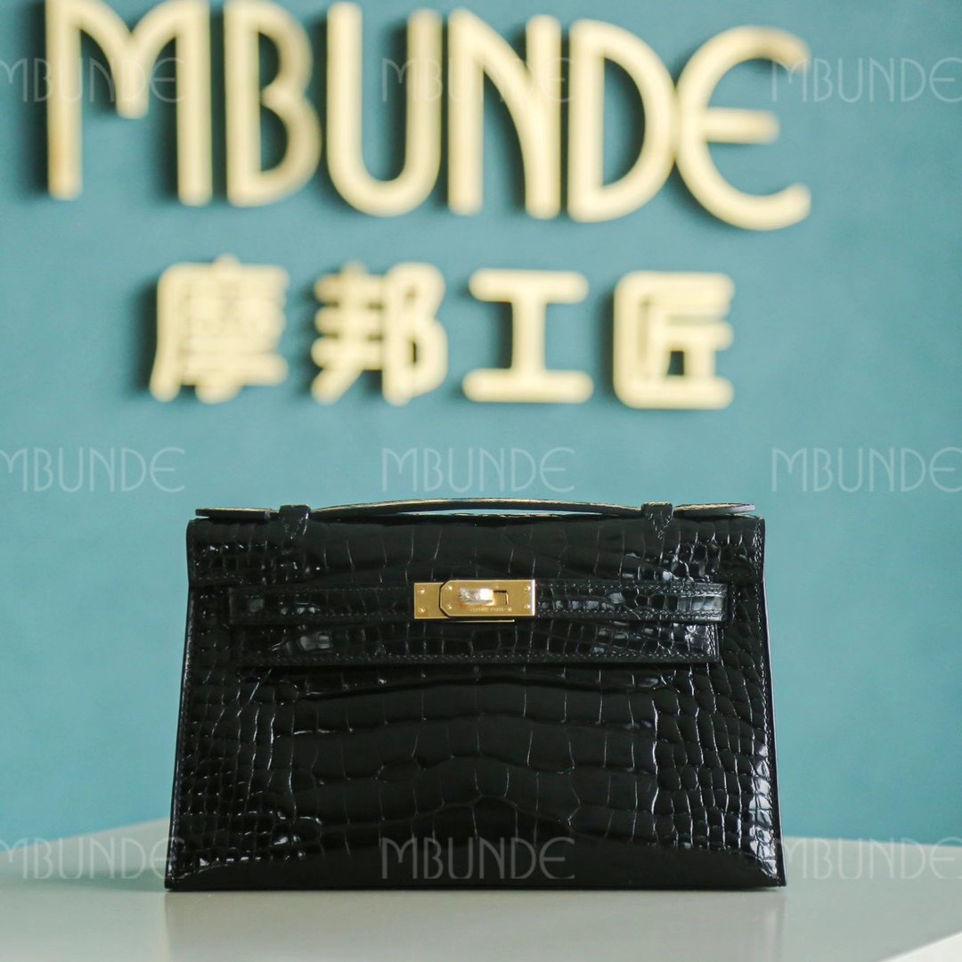 Hermes Kelly  Pochette 一代 22cm 黑色 金扣 拱珠鳄鱼皮