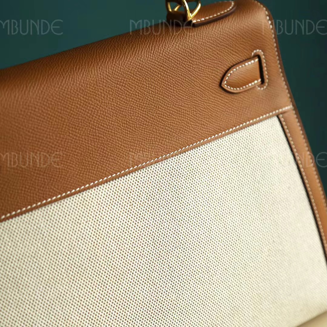 Hermes Kelly 28CM 金棕色 Epsom  拼米白帆布